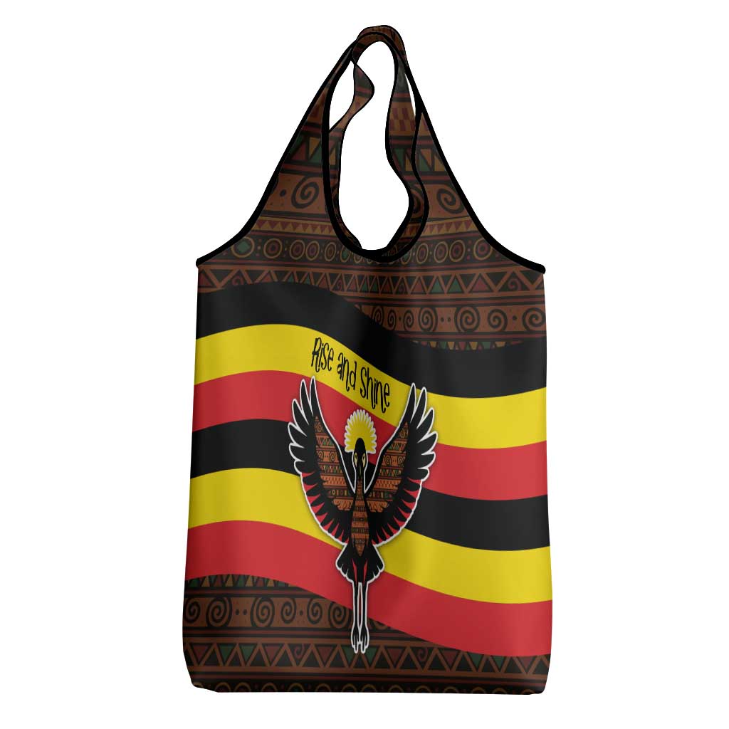 Uganda Grocery Bag with Crested Crane and Rise and Shine Tribal Pattern Design