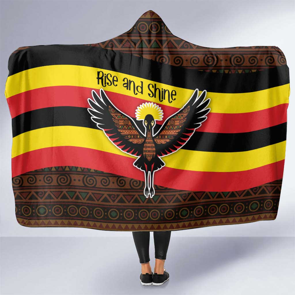 Uganda Hooded Blanket with Crested Crane and Rise and Shine Tribal Pattern Design