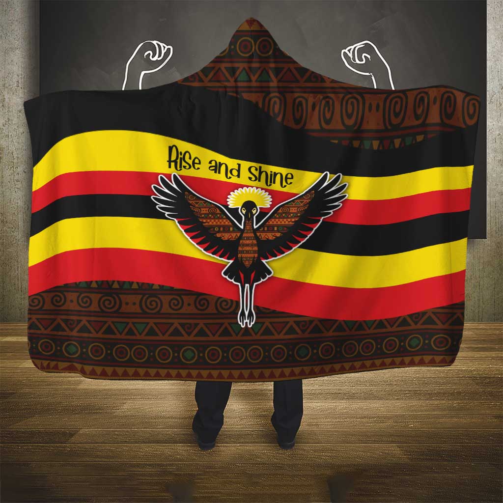 Uganda Hooded Blanket with Crested Crane and Rise and Shine Tribal Pattern Design