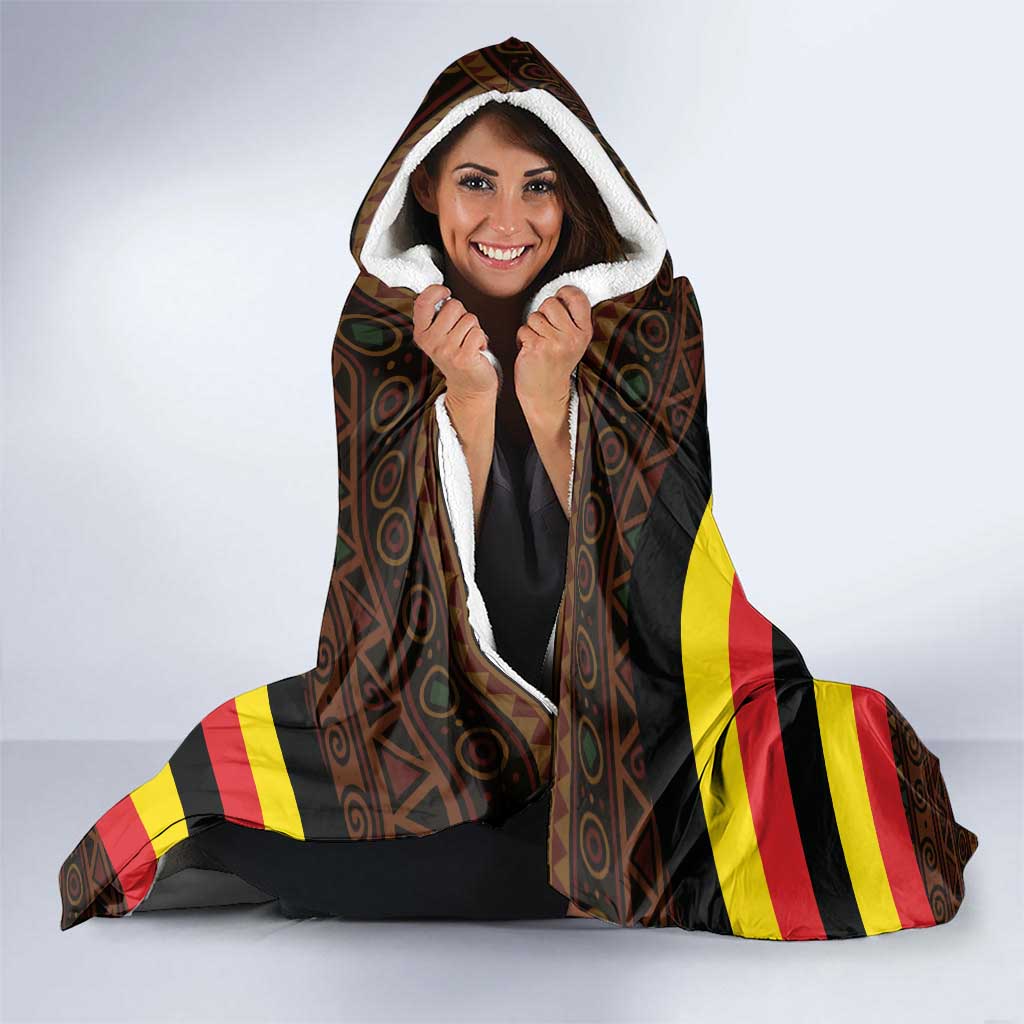 Uganda Hooded Blanket with Crested Crane and Rise and Shine Tribal Pattern Design
