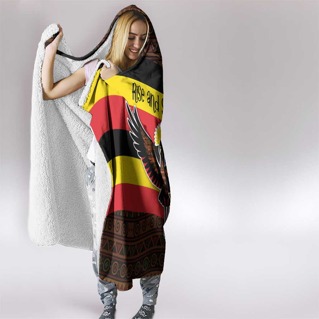 Uganda Hooded Blanket with Crested Crane and Rise and Shine Tribal Pattern Design