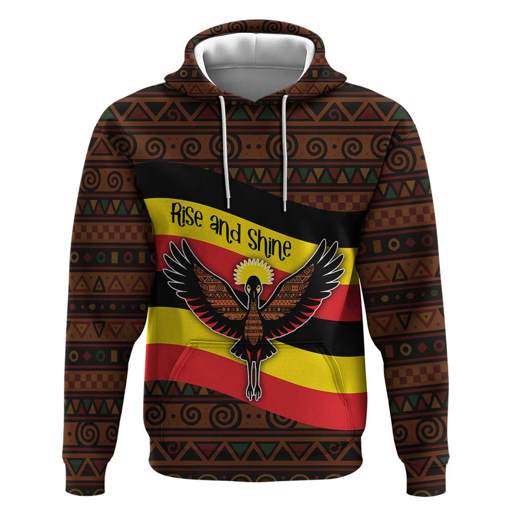 Uganda Hoodie with Crested Crane and Rise and Shine Tribal Pattern Design