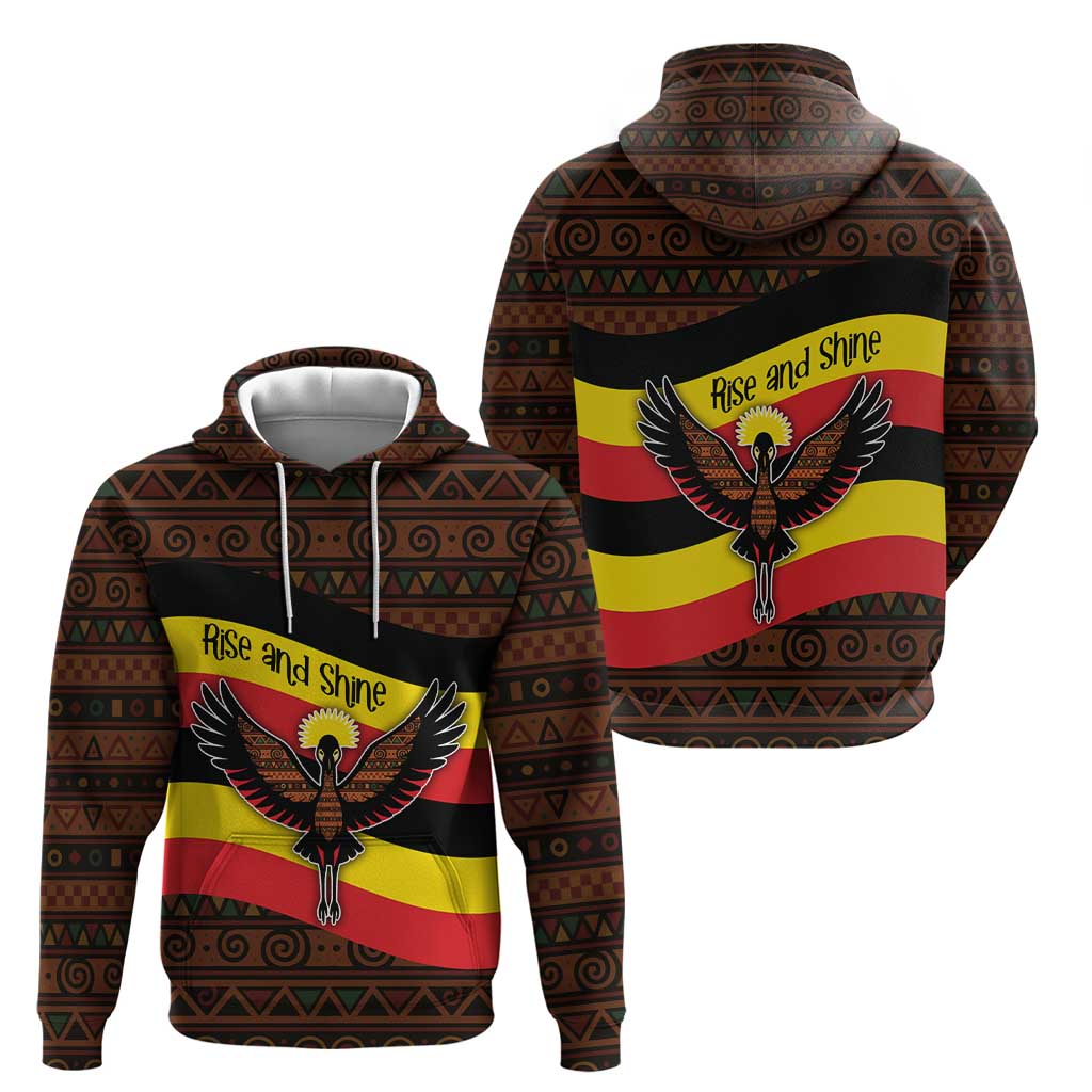 Uganda Hoodie with Crested Crane and Rise and Shine Tribal Pattern Design