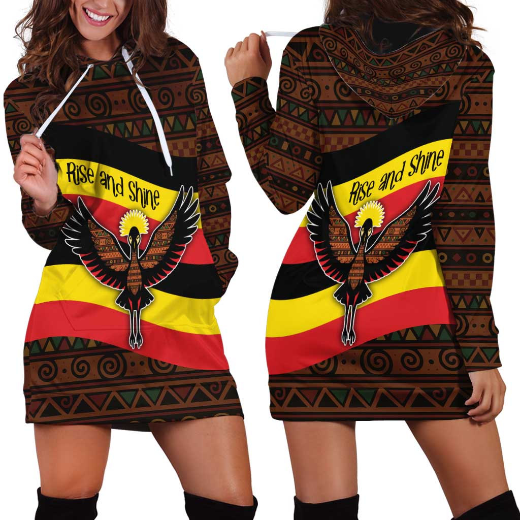 Uganda Hoodie Dress with Crested Crane and Rise and Shine Tribal Pattern Design