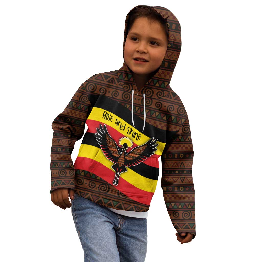 Uganda Kid Hoodie with Crested Crane and Rise and Shine Tribal Pattern Design