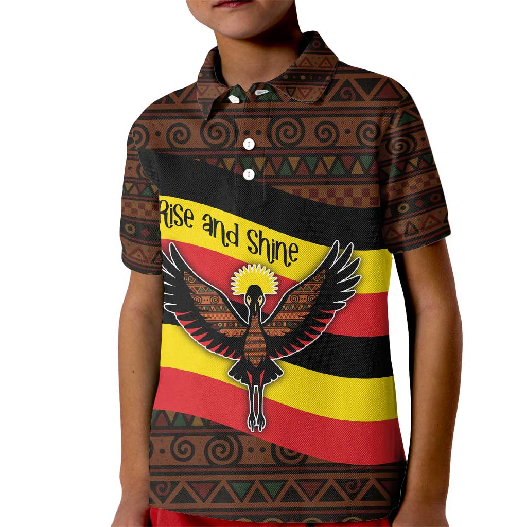 Uganda Kid Polo Shirt with Crested Crane and Rise and Shine Tribal Pattern Design