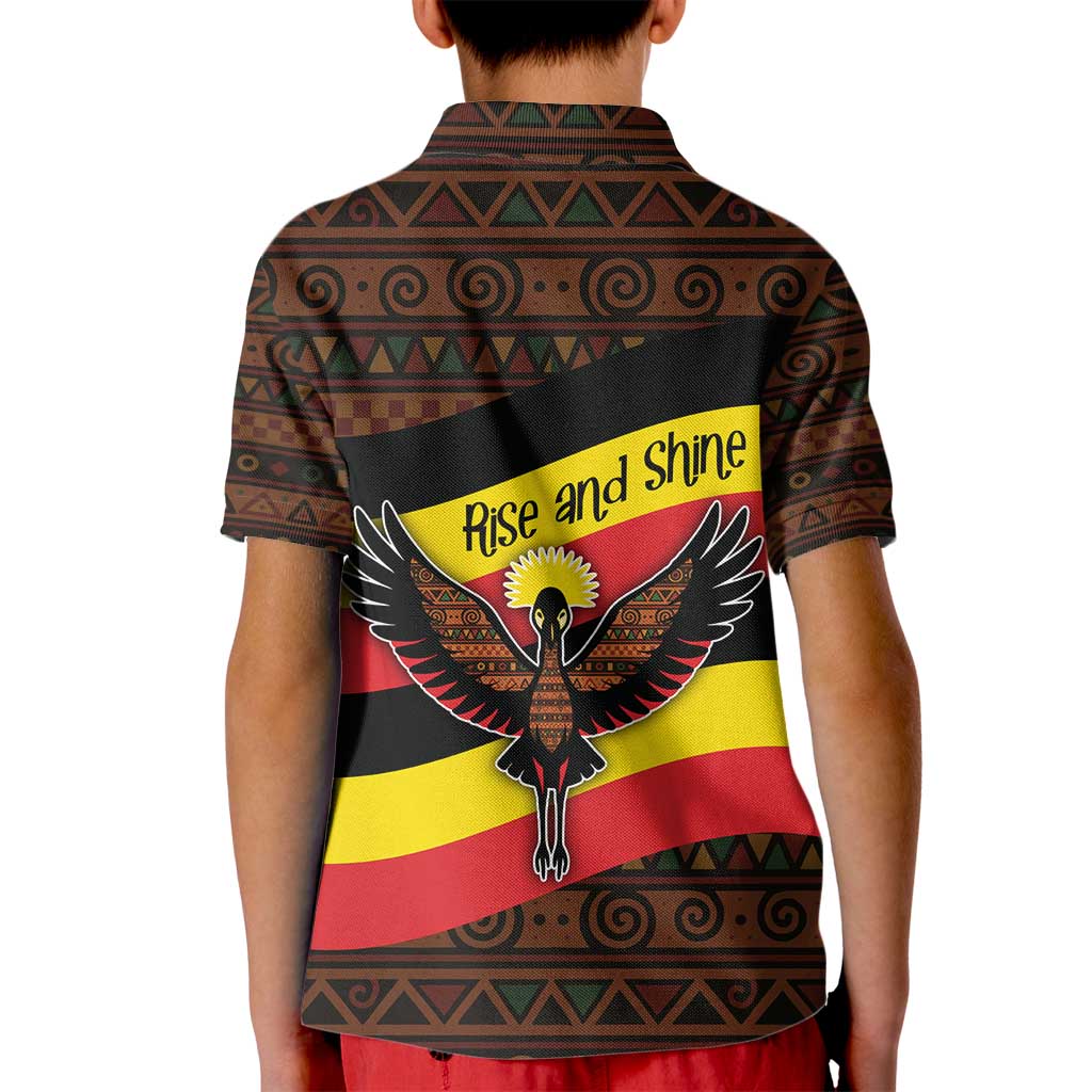 Uganda Kid Polo Shirt with Crested Crane and Rise and Shine Tribal Pattern Design
