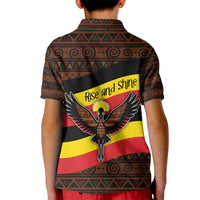 Uganda Kid Polo Shirt with Crested Crane and Rise and Shine Tribal Pattern Design