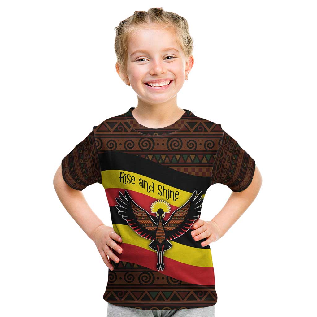 Uganda Kid T Shirt with Crested Crane and Rise and Shine Tribal Pattern Design