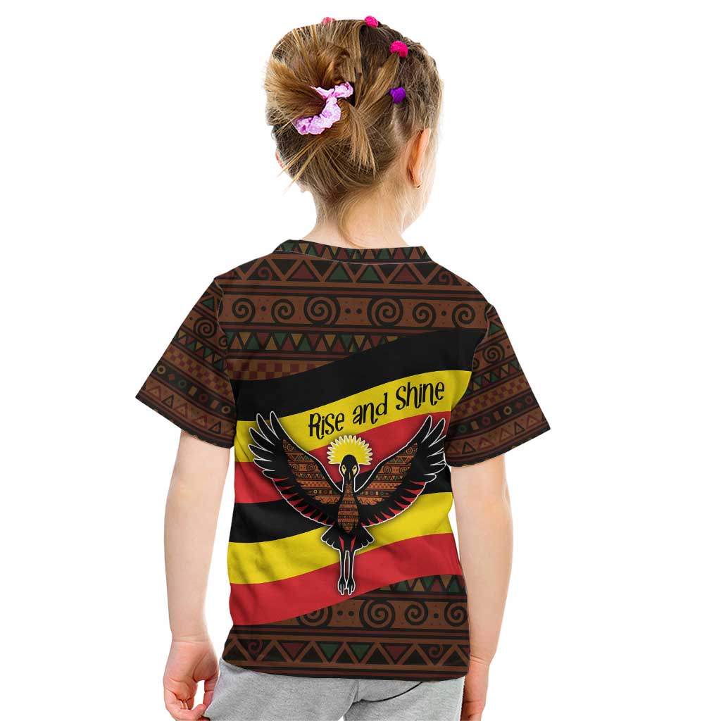 Uganda Kid T Shirt with Crested Crane and Rise and Shine Tribal Pattern Design