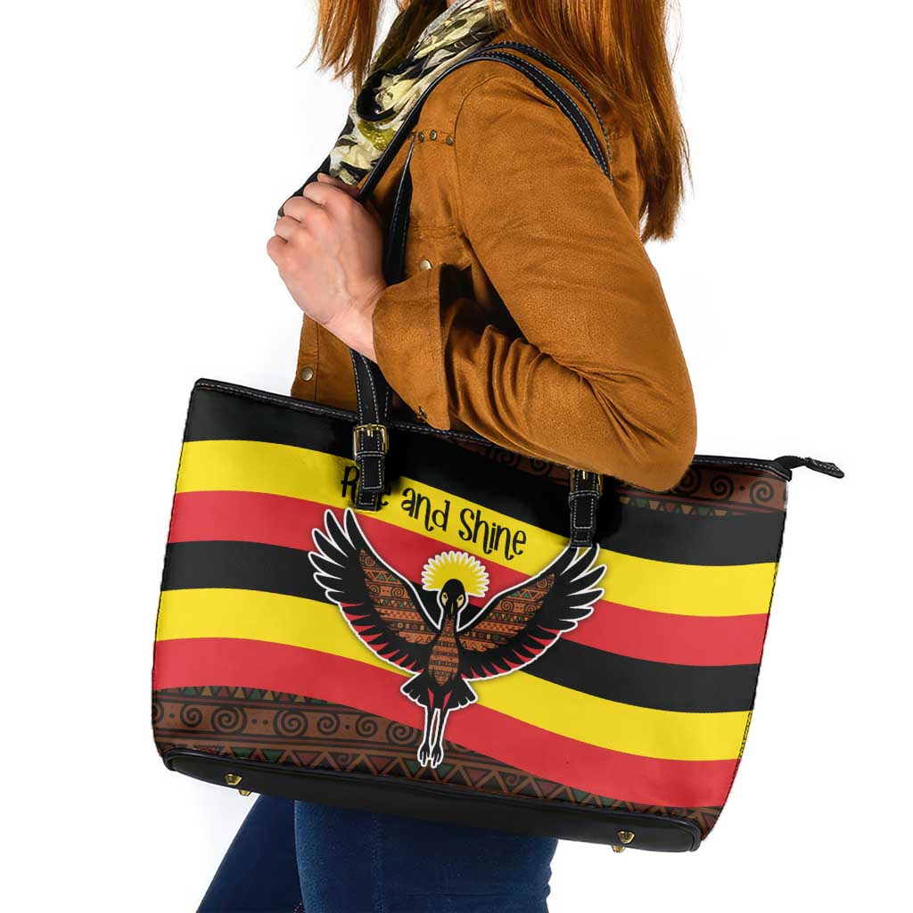 Uganda Leather Tote Bag with Crested Crane and Rise and Shine Tribal Pattern Design