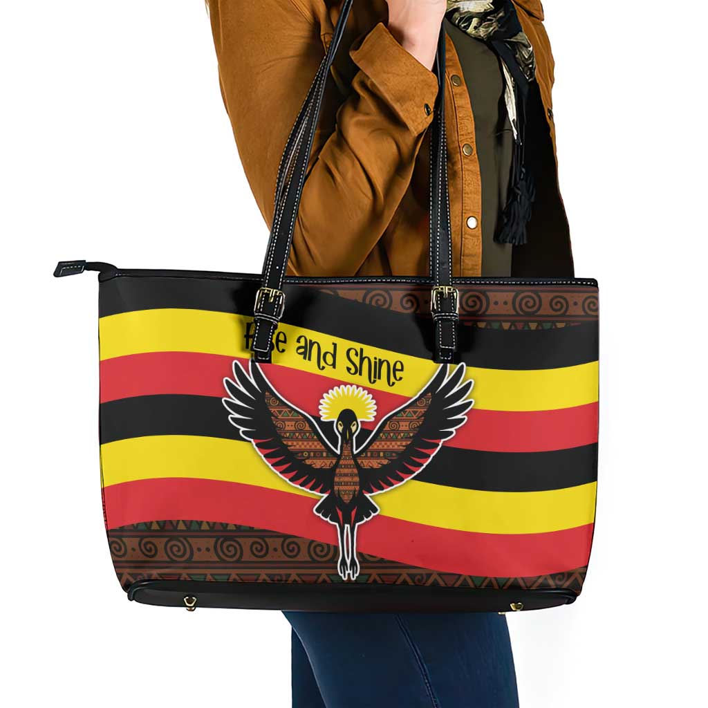 Uganda Leather Tote Bag with Crested Crane and Rise and Shine Tribal Pattern Design