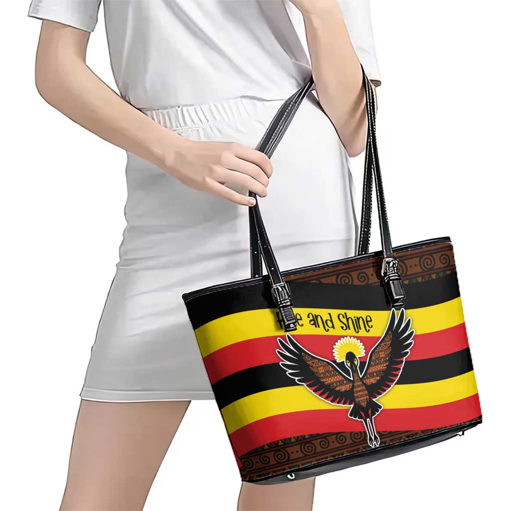 Uganda Leather Tote Bag with Crested Crane and Rise and Shine Tribal Pattern Design