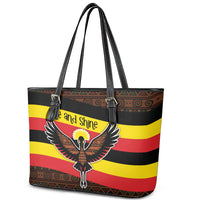 Uganda Leather Tote Bag with Crested Crane and Rise and Shine Tribal Pattern Design
