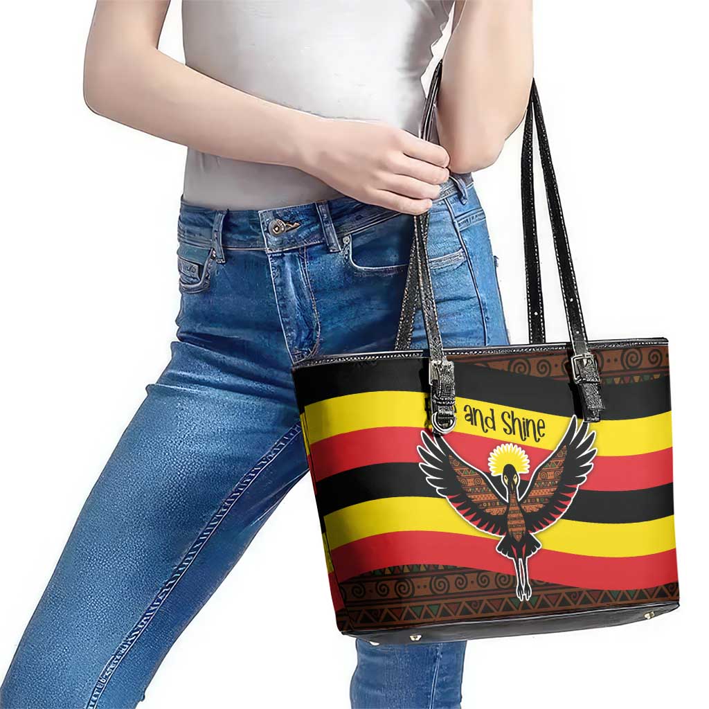 Uganda Leather Tote Bag with Crested Crane and Rise and Shine Tribal Pattern Design