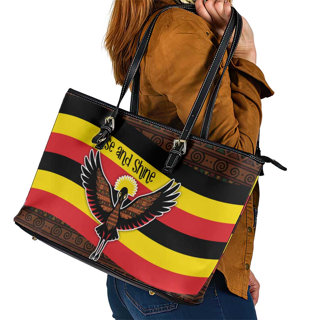 Uganda Leather Tote Bag with Crested Crane and Rise and Shine Tribal Pattern Design