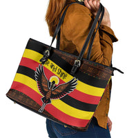 Uganda Leather Tote Bag with Crested Crane and Rise and Shine Tribal Pattern Design