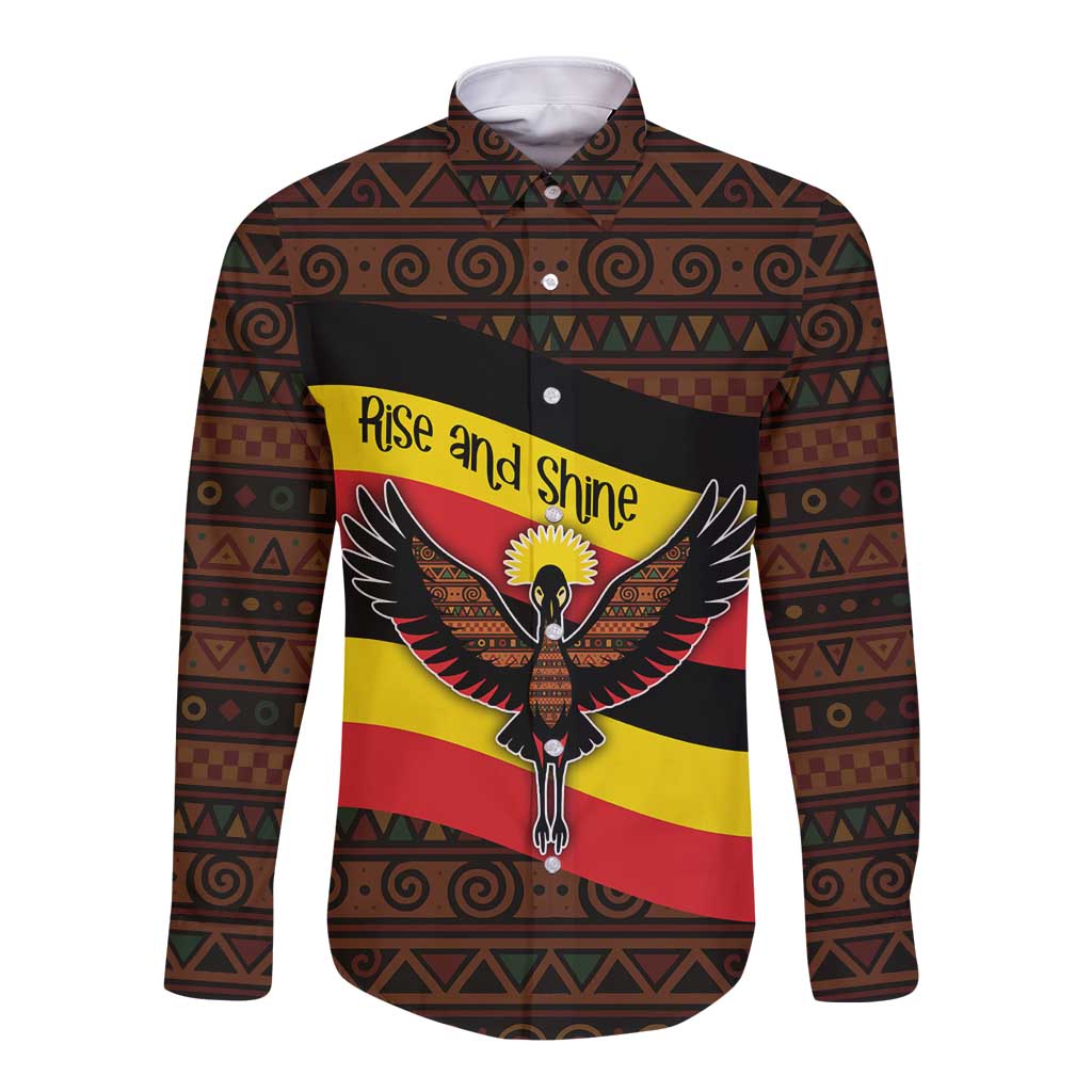 Uganda Long Sleeve Button Shirt with Crested Crane and Rise and Shine Tribal Pattern Design