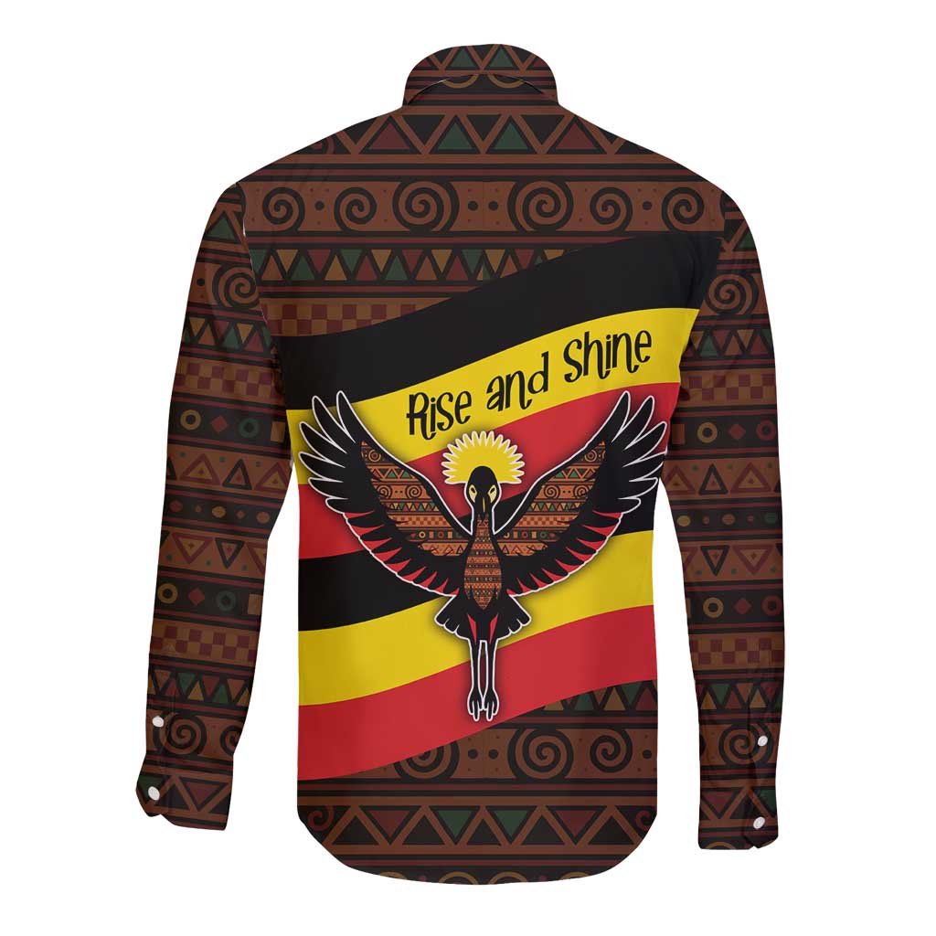 Uganda Long Sleeve Button Shirt with Crested Crane and Rise and Shine Tribal Pattern Design