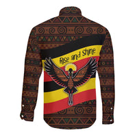 Uganda Long Sleeve Button Shirt with Crested Crane and Rise and Shine Tribal Pattern Design