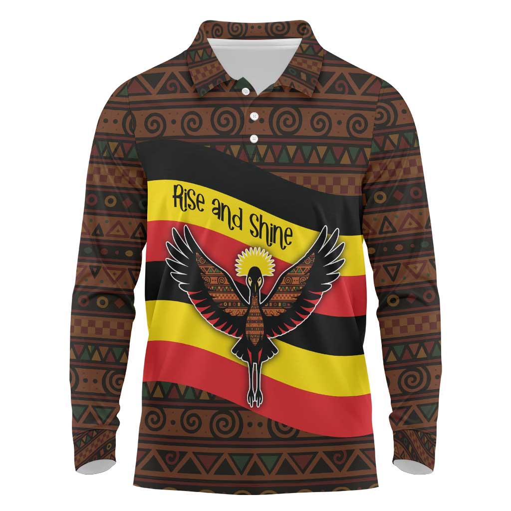 Uganda Long Sleeve Polo Shirt with Crested Crane and Rise and Shine Tribal Pattern Design
