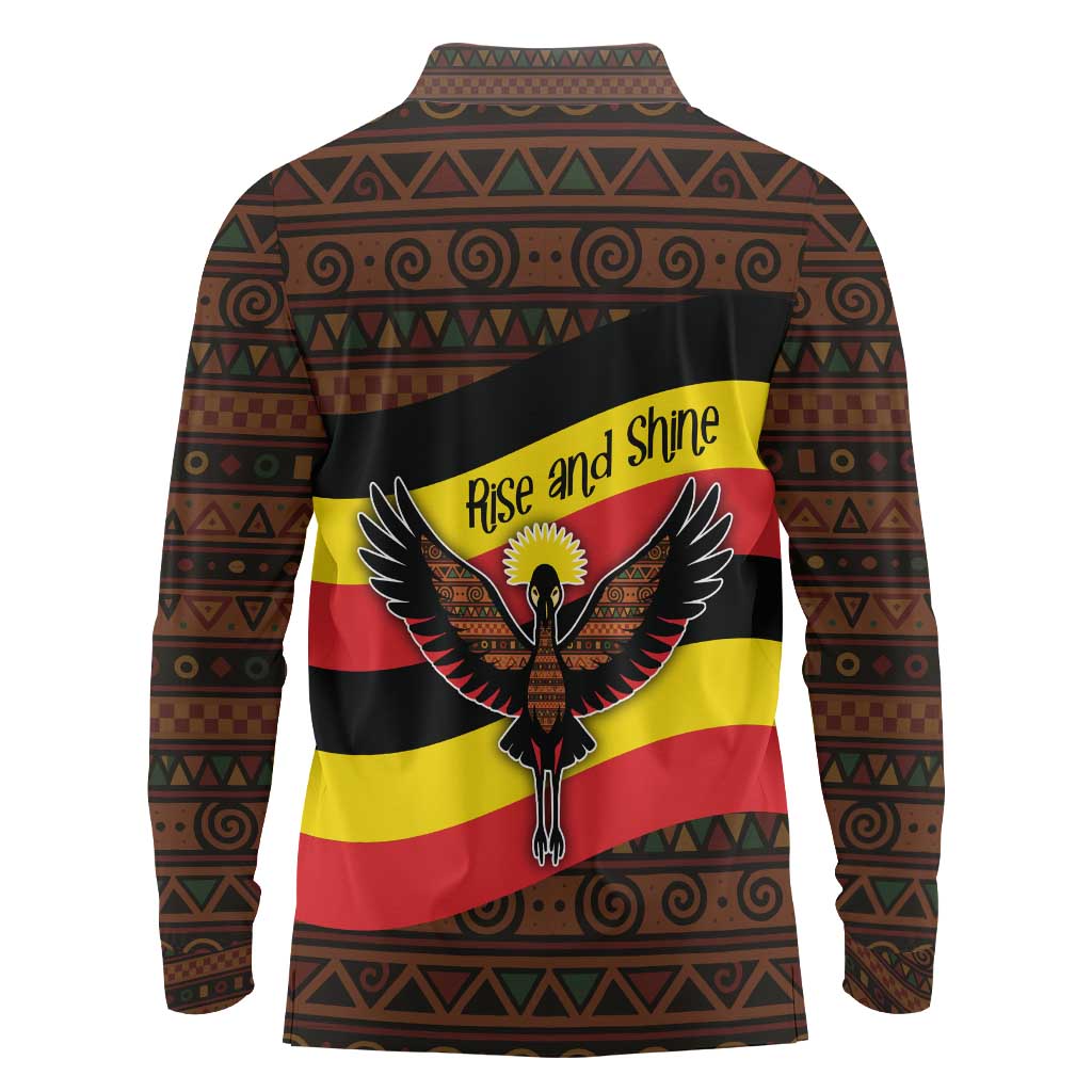 Uganda Long Sleeve Polo Shirt with Crested Crane and Rise and Shine Tribal Pattern Design