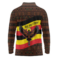 Uganda Long Sleeve Polo Shirt with Crested Crane and Rise and Shine Tribal Pattern Design
