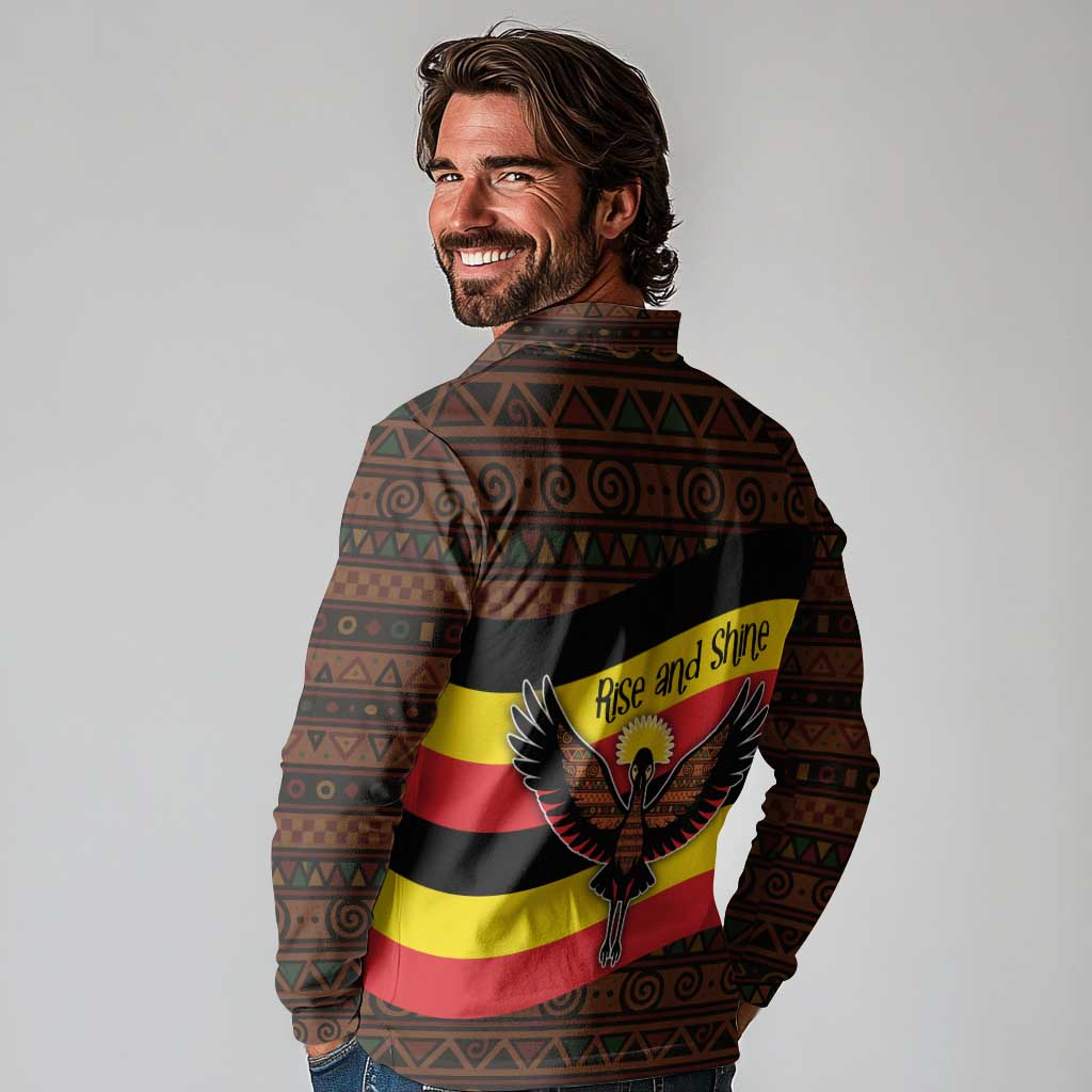 Uganda Long Sleeve Polo Shirt with Crested Crane and Rise and Shine Tribal Pattern Design