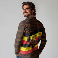 Uganda Long Sleeve Polo Shirt with Crested Crane and Rise and Shine Tribal Pattern Design