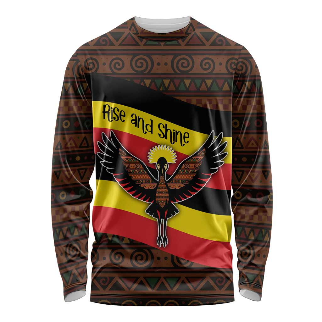 Uganda Long Sleeve Shirt with Crested Crane and Rise and Shine Tribal Pattern Design