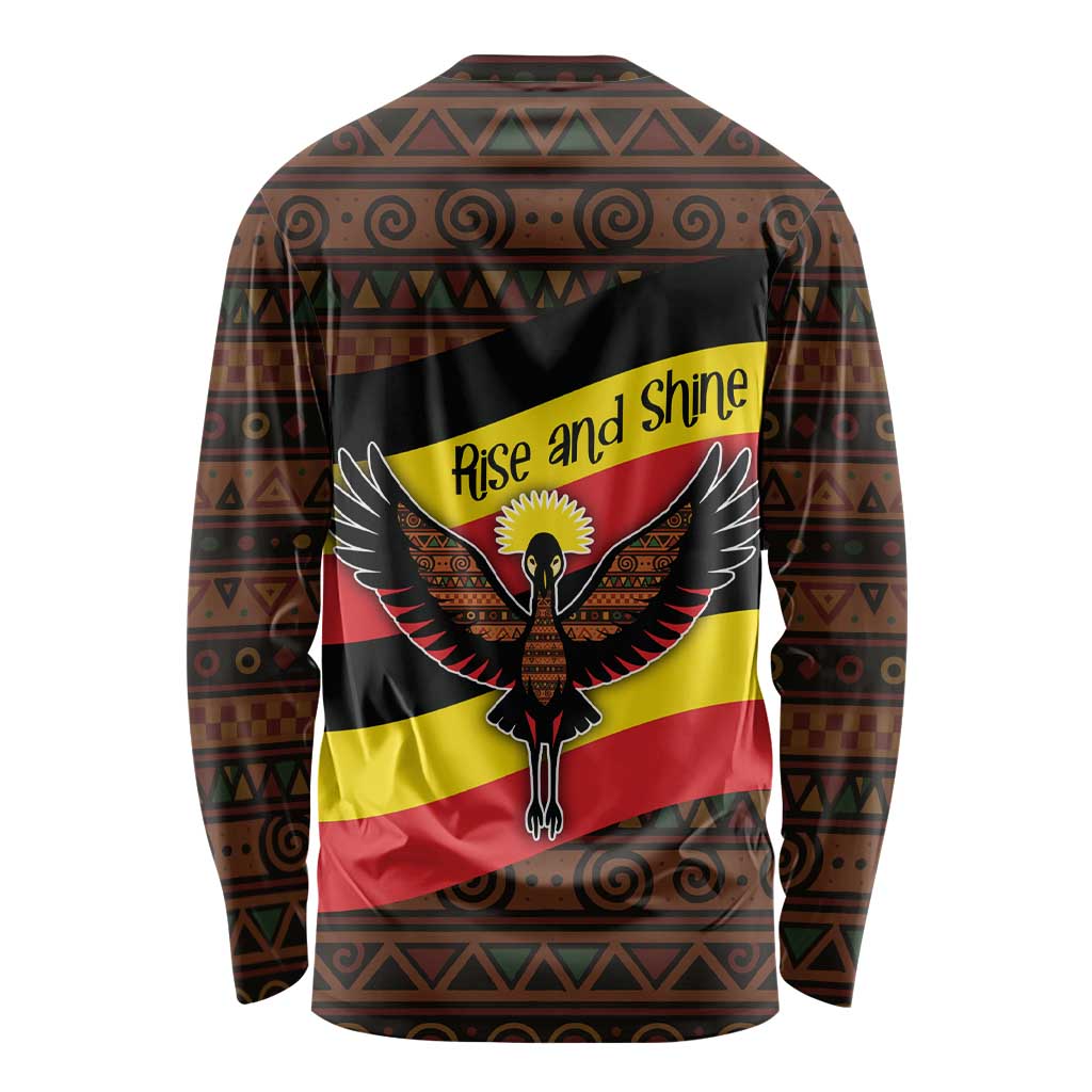 Uganda Long Sleeve Shirt with Crested Crane and Rise and Shine Tribal Pattern Design