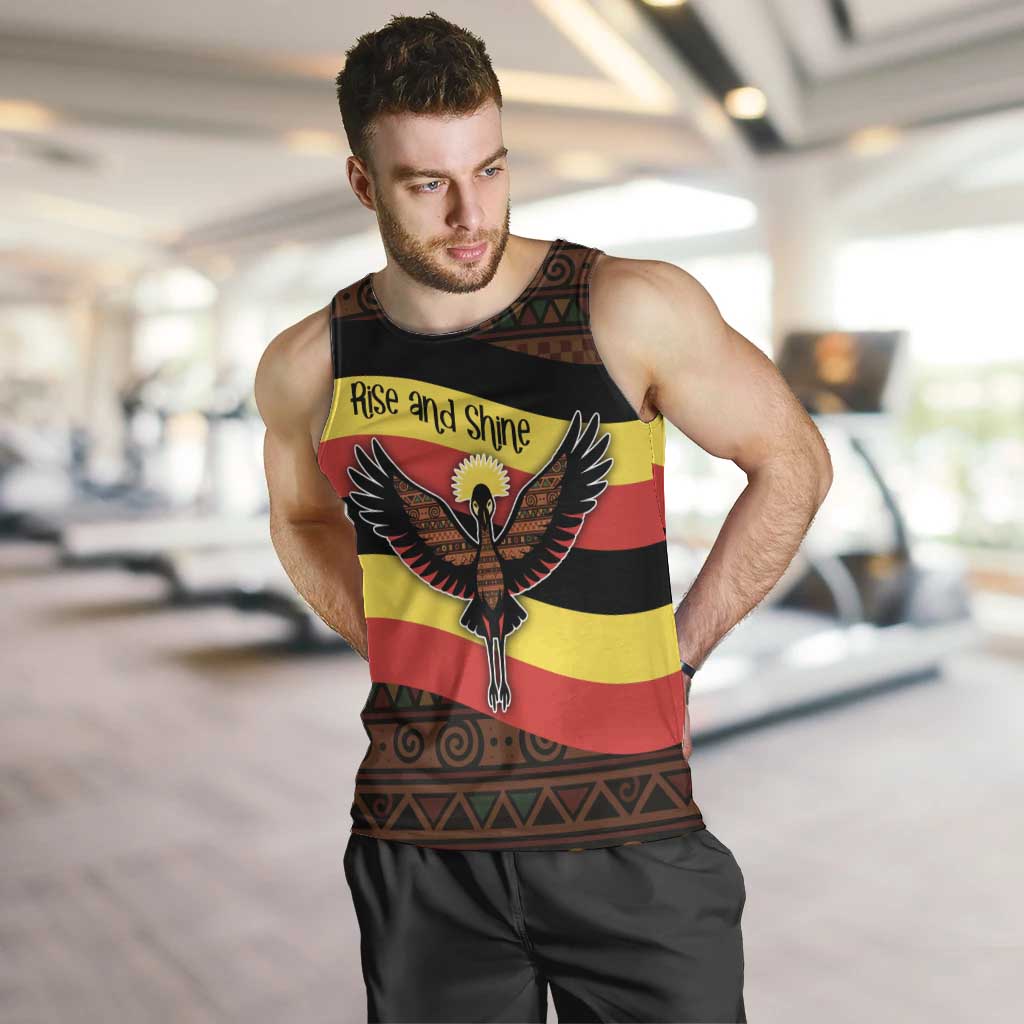 Uganda Men Tank Top with Crested Crane and Rise and Shine Tribal Pattern Design