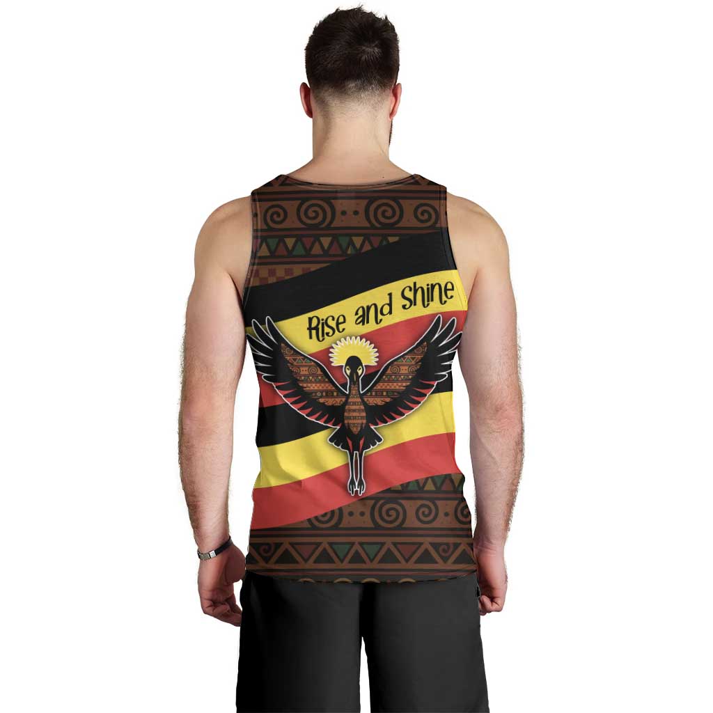 Uganda Men Tank Top with Crested Crane and Rise and Shine Tribal Pattern Design