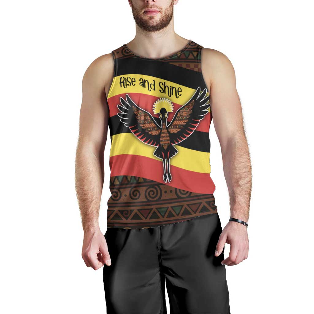 Uganda Men Tank Top with Crested Crane and Rise and Shine Tribal Pattern Design