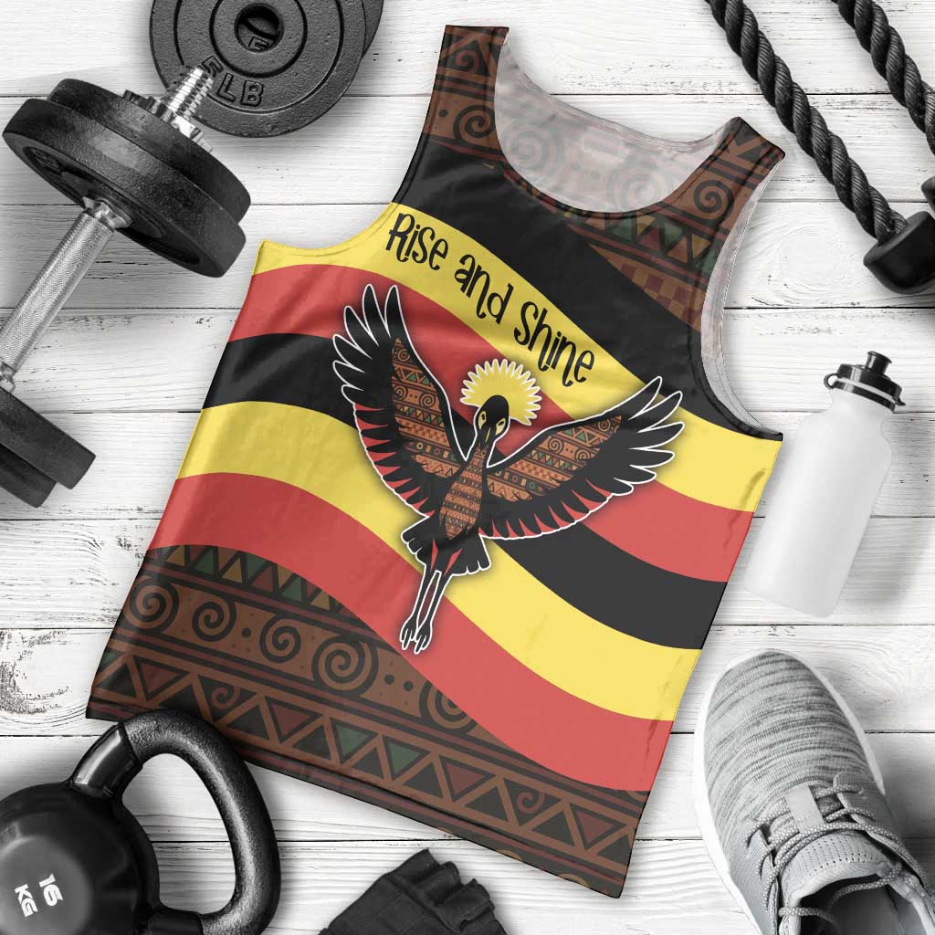 Uganda Men Tank Top with Crested Crane and Rise and Shine Tribal Pattern Design