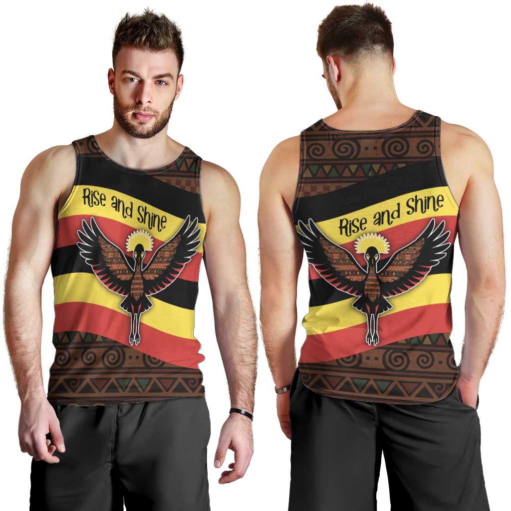 Uganda Men Tank Top with Crested Crane and Rise and Shine Tribal Pattern Design