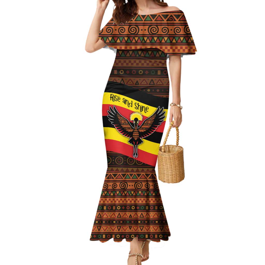 Uganda Mermaid Dress with Crested Crane and Rise and Shine Tribal Pattern Design