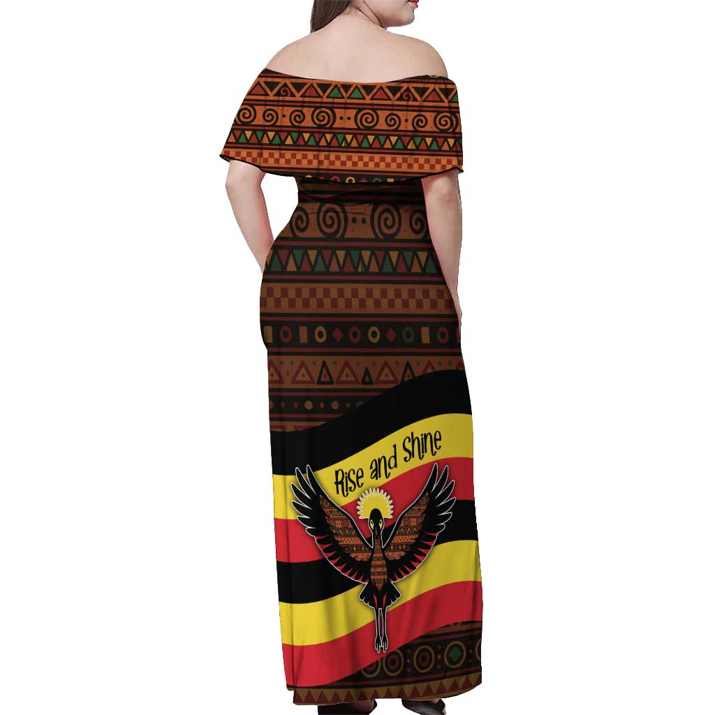 Uganda Off Shoulder Maxi Dress with Crested Crane and Rise and Shine Tribal Pattern Design