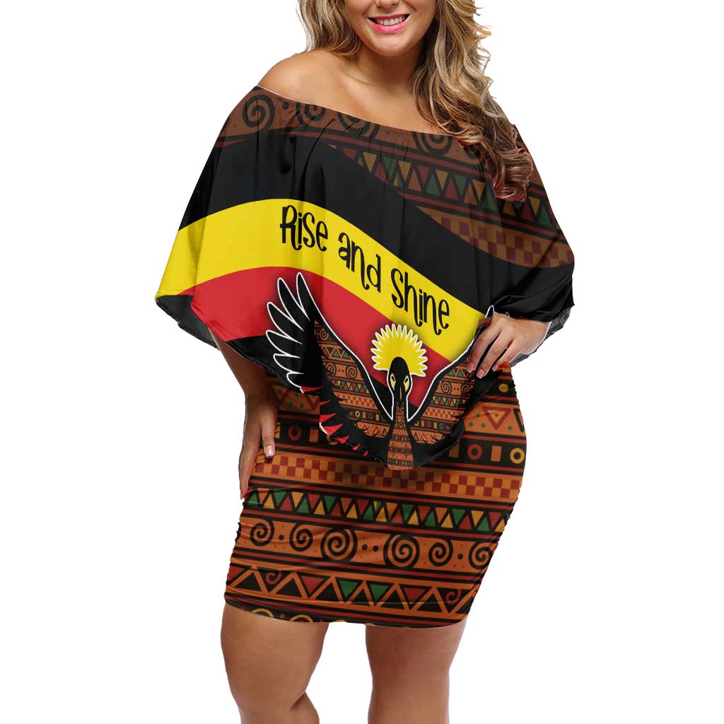 Uganda Off Shoulder Short Dress with Crested Crane and Rise and Shine Tribal Pattern Design