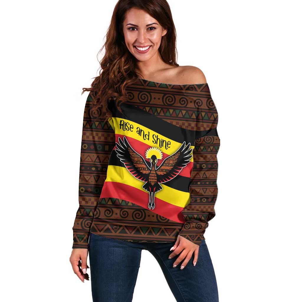 Uganda Off Shoulder Sweater with Crested Crane and Rise and Shine Tribal Pattern Design