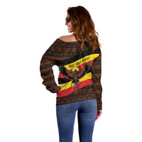 Uganda Off Shoulder Sweater with Crested Crane and Rise and Shine Tribal Pattern Design