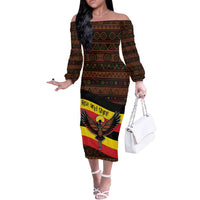 Uganda Off The Shoulder Long Sleeve Dress with Crested Crane and Rise and Shine Tribal Pattern Design