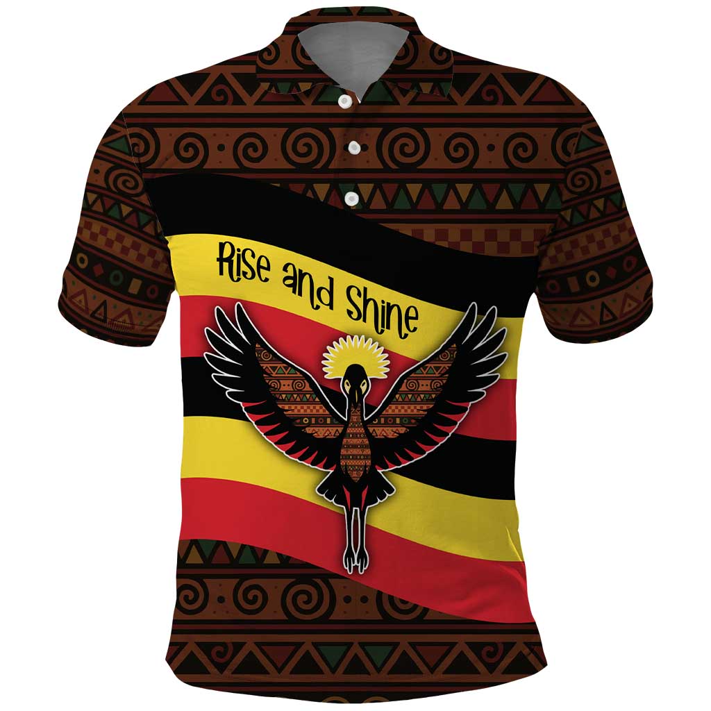 Uganda Polo Shirt with Crested Crane and Rise and Shine Tribal Pattern Design