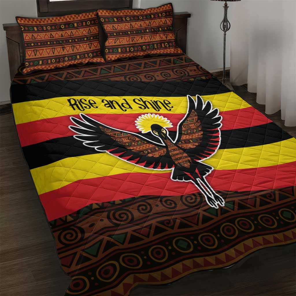 Uganda Quilt Bed Set with Crested Crane and Rise and Shine Tribal Pattern Design