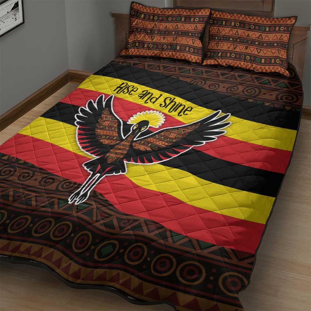 Uganda Quilt Bed Set with Crested Crane and Rise and Shine Tribal Pattern Design