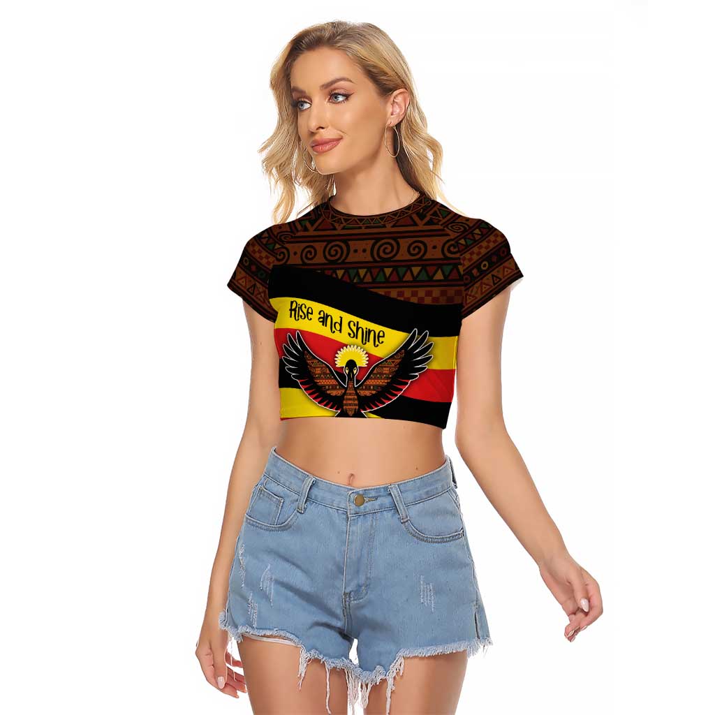 Uganda Raglan Cropped T Shirt with Crested Crane and Rise and Shine Tribal Pattern Design