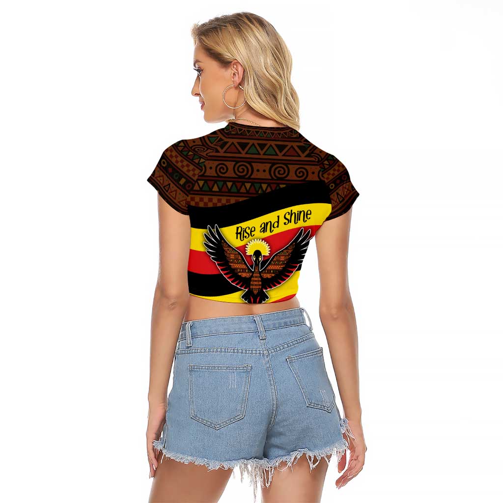 Uganda Raglan Cropped T Shirt with Crested Crane and Rise and Shine Tribal Pattern Design