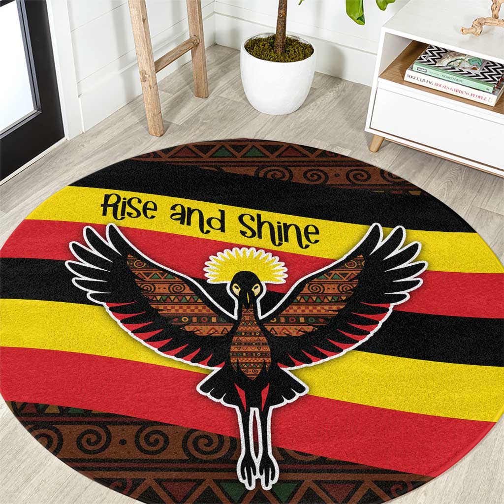 Uganda Round Carpet with Crested Crane and Rise and Shine Tribal Pattern Design