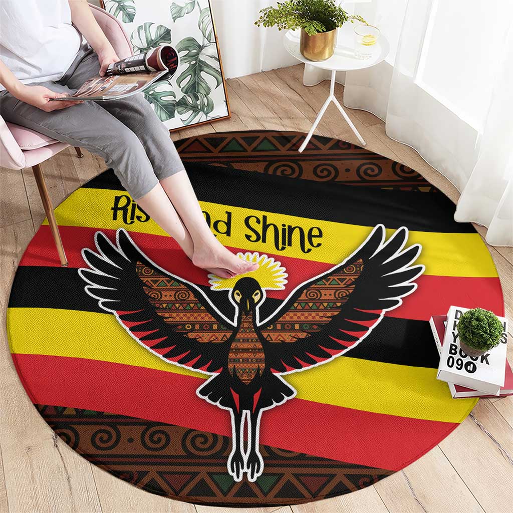 Uganda Round Carpet with Crested Crane and Rise and Shine Tribal Pattern Design