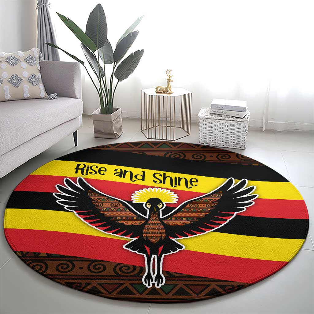 Uganda Round Carpet with Crested Crane and Rise and Shine Tribal Pattern Design